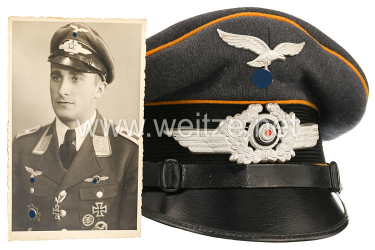Luftwaffe Schirmmütze für Mannschaften und Unteroffiziere fliegende Truppe aus dem Besitz Oberfeldwebel Heinz Schöne, KG 55