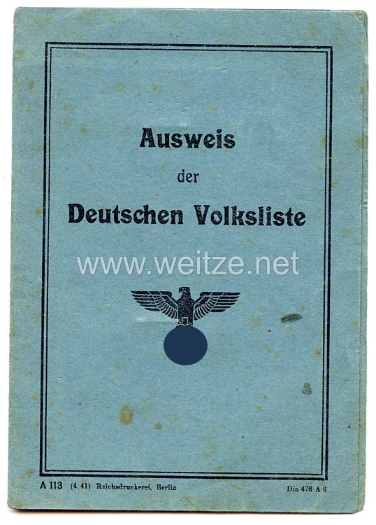 III. Reich - Ausweis der Deutschen Volksliste für eine Frau des Jahrgangs 1861 aus Stawicka-Nieschawa