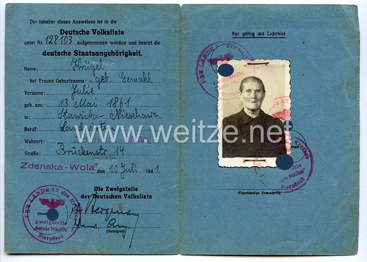 III. Reich - Ausweis der Deutschen Volksliste für eine Frau des Jahrgangs 1861 aus Stawicka-Nieschawa Bild 2