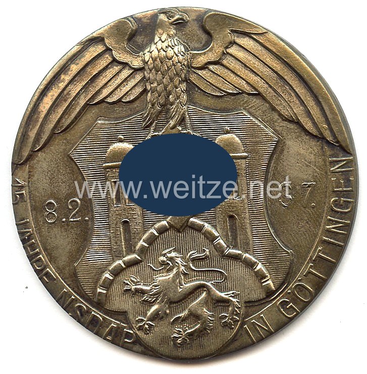 III. Reich - nichttragbarer Ehrenpreis in Silber des Gaus Nr. 33 Göttingen - " 15 Jahre NSDAP Göttingen 8.2.1937 "