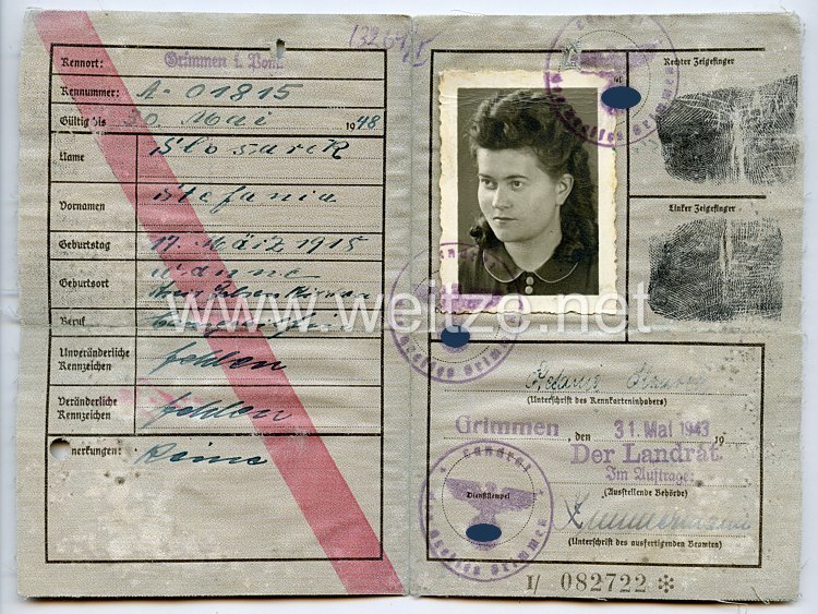 III. Reich - ( Vorläufige ) Kennkarte mit rotem Strich für eine Frau des Jahrgangs 1918 aus Wanne Kreis Gelsenkirchen Bild 2