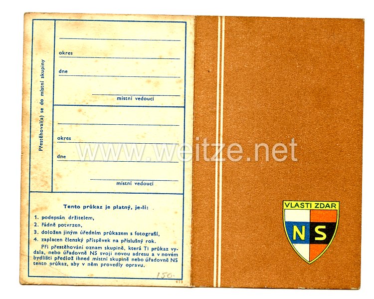 III. Reich - Tschecheslowakei - Narodni Sourucenstvi ( NS ) - Mitgliedsausweis für eine Frau des Jahrgangs 1911