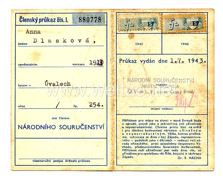 III. Reich - Tschecheslowakei - Narodni Sourucenstvi ( NS ) - Mitgliedsausweis für eine Frau des Jahrgangs 1911 Bild 2