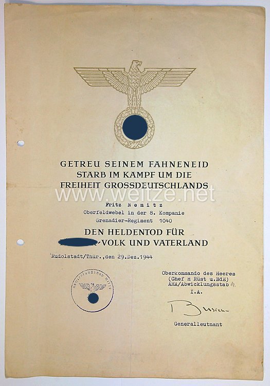 Heer - Heldentodurkunde für einen Oberfeldwebel 8. Kompanie Grenadier-Regiment 1040 + Bestallung Bild 2
