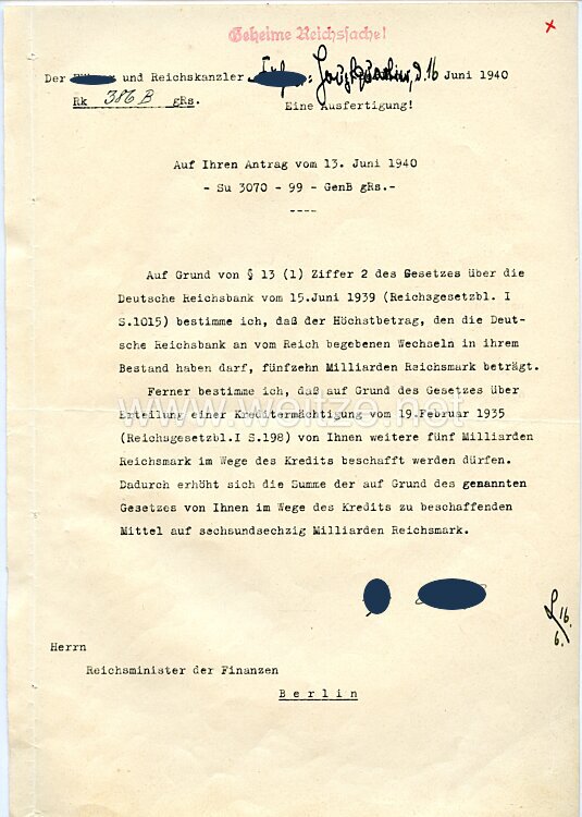 III. Reich - Originalunterschrift von Adolf Hitler als Reichskanzler auf der Kreditermächtigung vom 16. Juni 1940 mit einer Erhöhung von 61 auf 66 Milliarden Reichsmark
