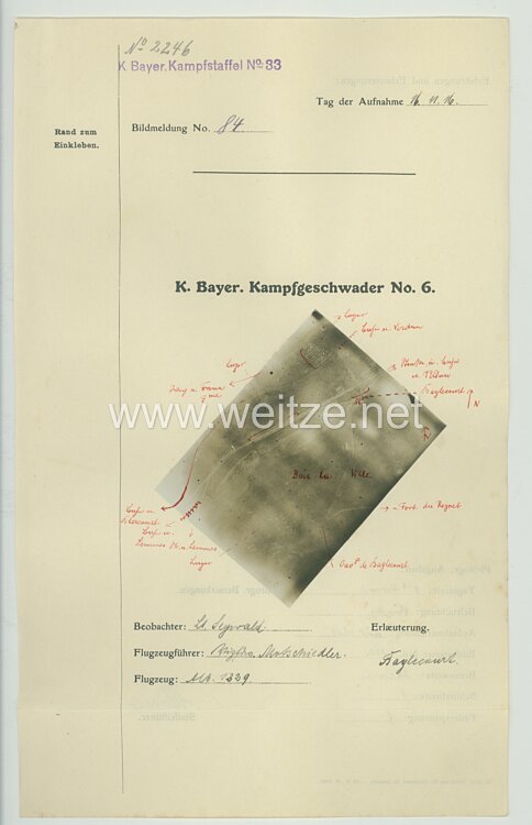 Fliegerei 1. Weltkrieg - Königl.Bayer. Kampfgeschwader No. 6 - Bildmeldung No. 84 vom 16.11.1916