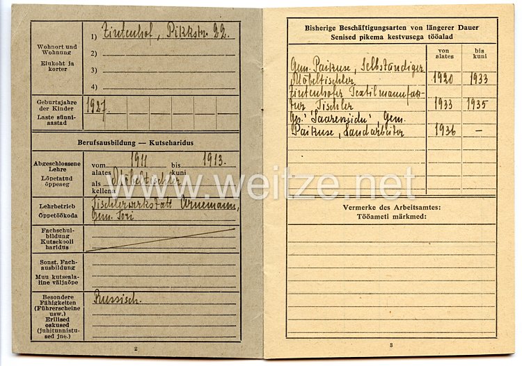 III. Reich - Generalkommissar in Reval ( Estland ) - Arbeitsausweis für einen Mann des Jahrgangs 1893 Bild 2