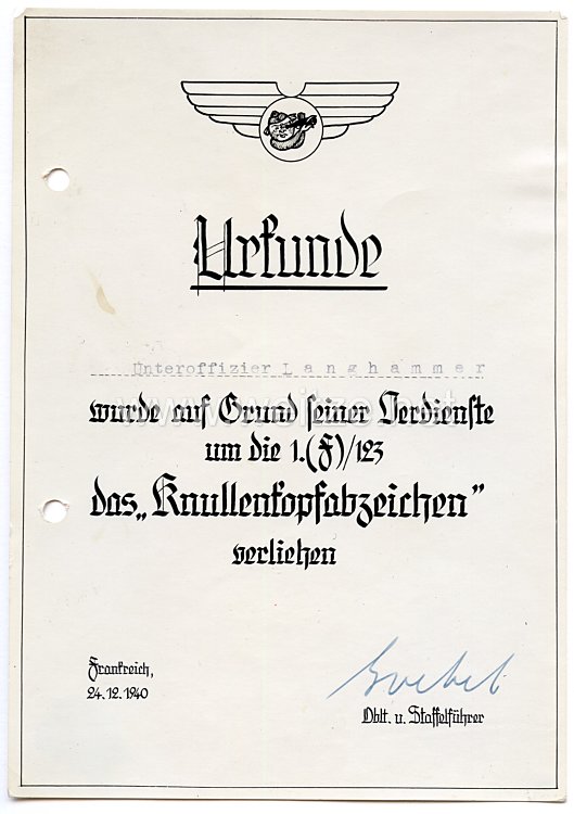 Luftwaffe - Verleihungsurkunde für das " Knullenkopfabzeichen " der 1.(F)/Aufklärungsgruppe 123 