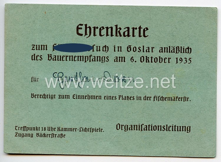 III. Reich - Ehrenkarte zum Führerbesuch in Goslar anläßlich des Bauernempfangs am 6. Oktober 1935