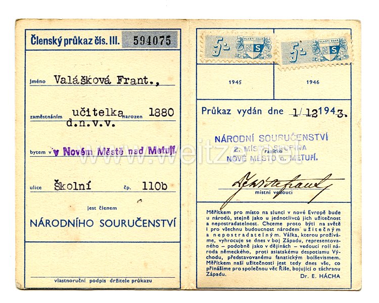 III. Reich - Tschecheslowakei - Narodni Sourucenstvi ( NS ) - Mitgliedsausweis für einen Mann des Jahrgangs 1880 Bild 2