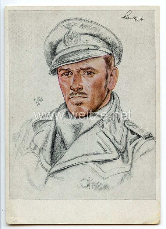 Kriegsmarine - Willrich farbige Propaganda-Postkarte - Ritterkreuzträger Kapitänleutnant Herbert Schultze