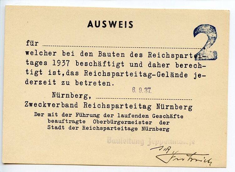 Reichsparteitag 1937 - Ausweis zum Betreten des Reichsparteitag-Geländes