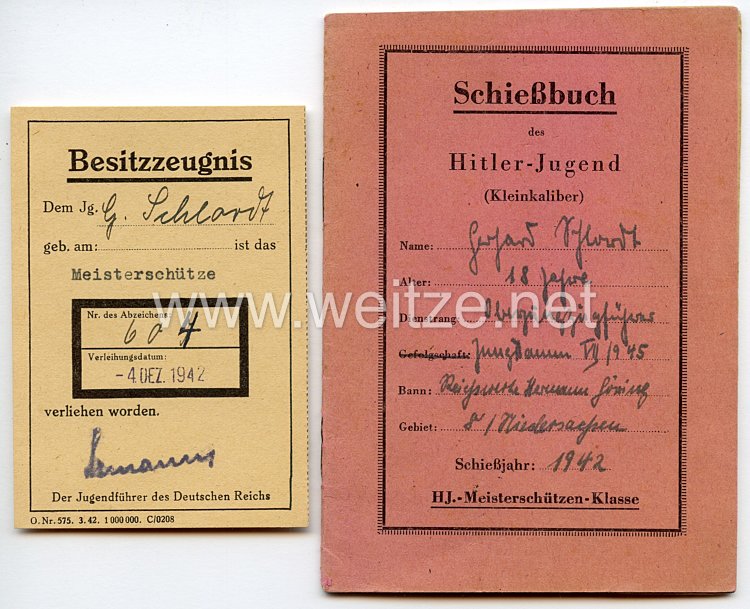 HJ - Schießbuch und Besitzzeugnis für das Meisterschützenabzeichen Nr. 604 der Hitlerjugend