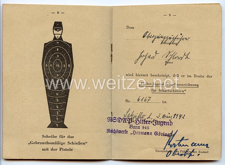 HJ - Schießbuch und Besitzzeugnis für das Meisterschützenabzeichen Nr. 604 der Hitlerjugend Bild 2