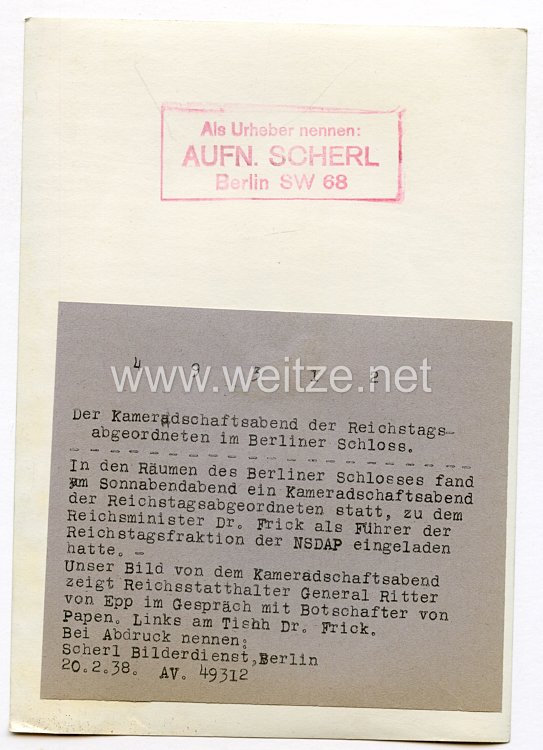 III. Reich Pressefoto. Der Kameradschaftsabend der Reichstagsabgeordneten im Berliner Schloß. 20.2.1938. Bild 2