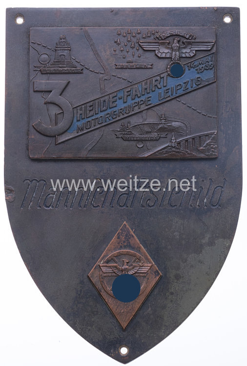 NSKK - nichttragbarer Mannschaftsschild - " Motorgruppe Leipzig - 3. Heidefahrt 14. Mai 1939 "
