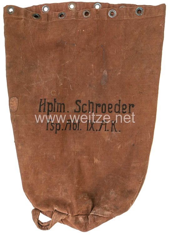 Erster Weltkrieg "Seesack"/Kleidersack für den Hauptmann Schroeder in der Fernsprechabteilung des IX. Armeekorps