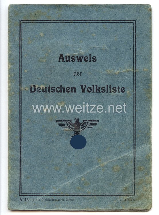 III. Reich - Ausweis der Deutschen Volksliste für eine Frau des Jahrgangs 1892 aus Rososch