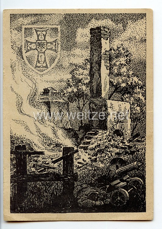 III. Reich / Heer - Propaganda-Postkarte - " Ruinen von Sielec am Morgen nach dem Sturm durch das Deutschmeister-Regiment 24. Juni 1941 "