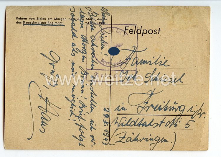 III. Reich / Heer - Propaganda-Postkarte - " Ruinen von Sielec am Morgen nach dem Sturm durch das Deutschmeister-Regiment 24. Juni 1941 " Bild 2