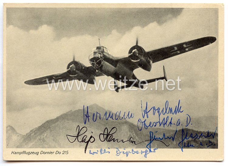 Luftwaffe - Nachkriegsunterschriften auf originaler Postkarte von den Ritterkreuzträgern Hajo Herrmann, Hermann Hogeback, Günter Glasner und Willi Dipberger