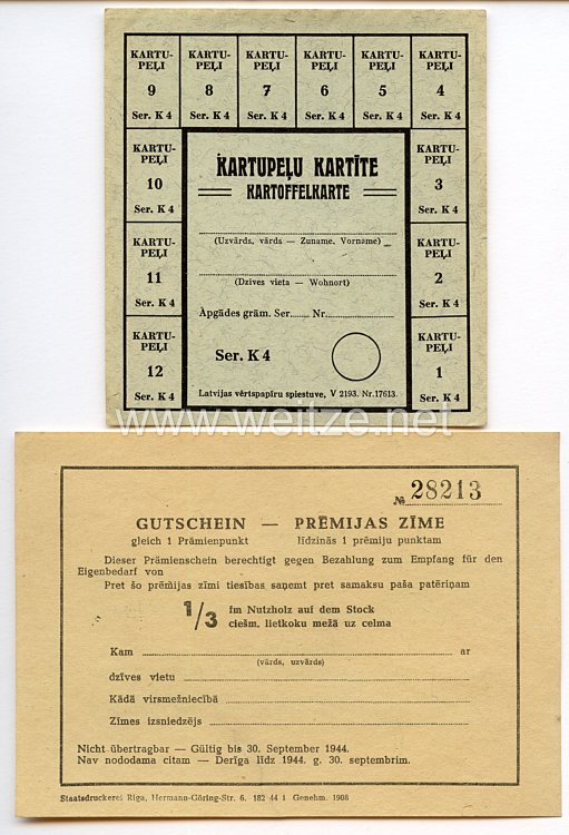III. Reich / Lettland - Prämienschein/Gutschein und Kartoffelkarte von 1943/44
