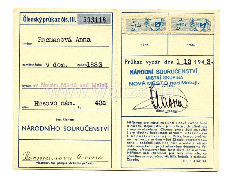 III. Reich - Tschecheslowakei - Narodni Sourucenstvi ( NS ) - Mitgliedsausweis für eine Frau des Jahrgangs 1883 Bild 2