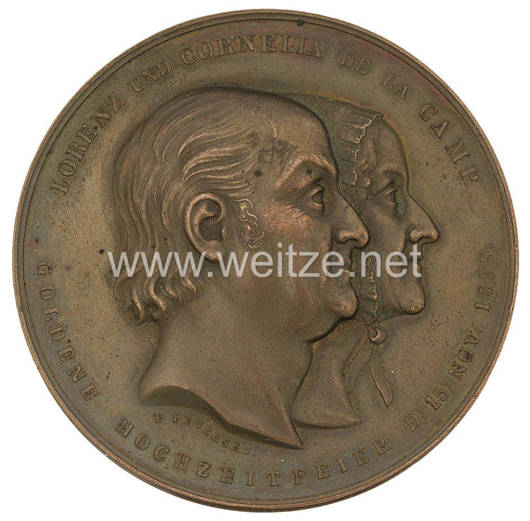 Bronzemedaille 1855, von Petersen. Auf die Goldene Hochzeit von Lorenz und Cornelia de la Camp