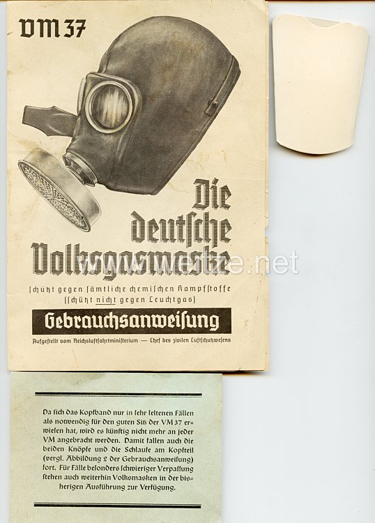 III. Reich Volksgasmaske VM 37 Gebrauchsanweisungen mit Schutzkappe für die Gasmaske