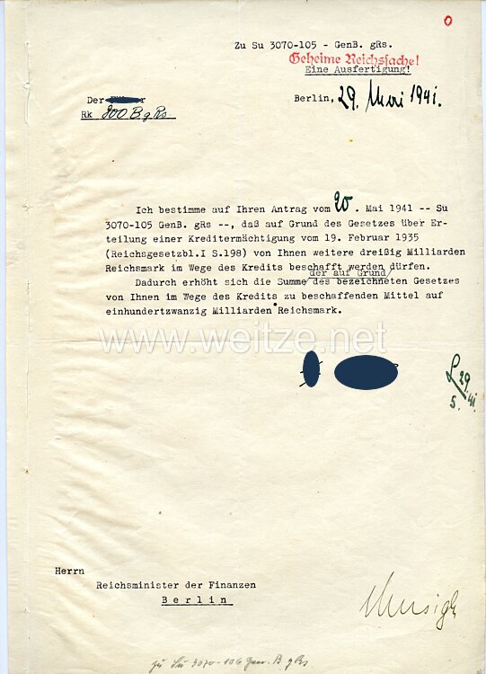 III. Reich - Originalunterschrift von Adolf Hitler als Reichskanzler auf der Adolf Hitler - Kreditermächtigung vom 29. Mai 1941 mit einer Erhöhung von 90 auf 120 Milliarden Reichsmark