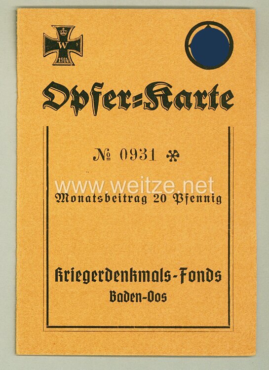 III. Reich - Kriegerdenkmal-Fonds Baden-Oos - Opfer-Karte