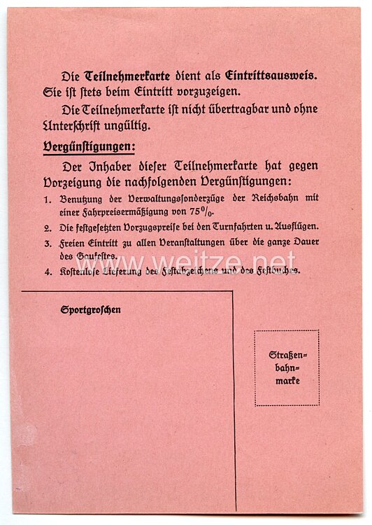 1. Mitteldeutsches Gaufest 1935 Dessau - Teilnehmerkarte Bild 2