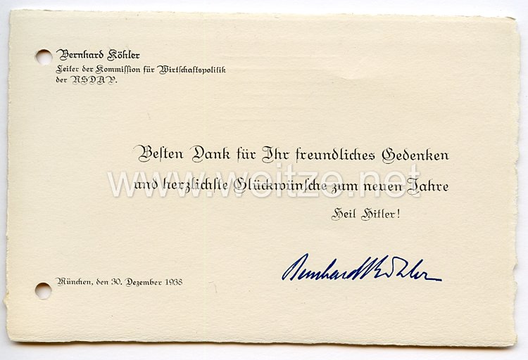 III. Reich - Bernhard Köhler - Leiter der Kommission für Wirtschaftspolitik der NSDAP - Glückwunschkarte zum neuen Jahr
