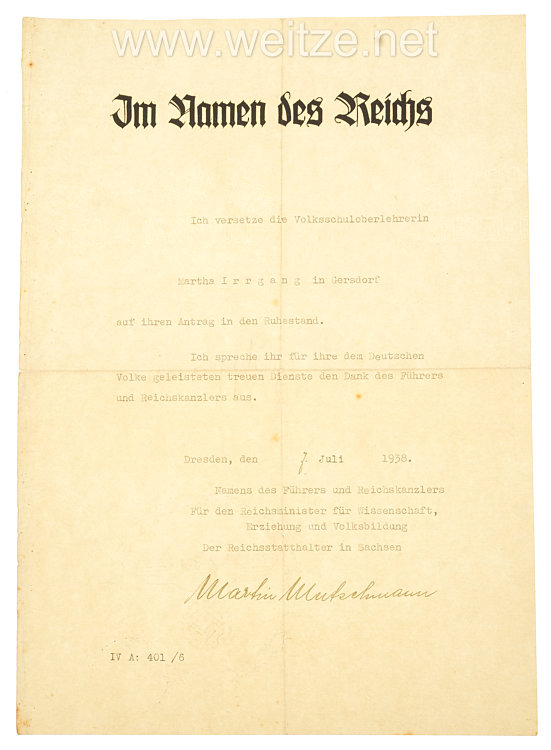 III. Reich - Originalunterschrift von Martin Mutschmann, Reichsstatthalter in Sachsen