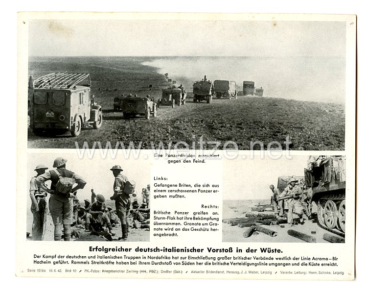 Wehrmacht - gedrucktes Pressefoto " Erfolgreicher deutsch-italienischer Vorstoß in der Wüste " 18.6.42