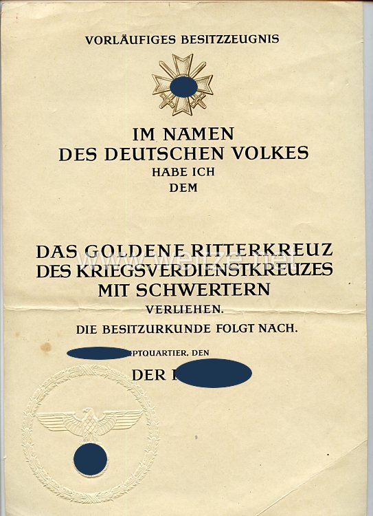 Goldene Ritterkreuz des Kriegsverdienstkreuzes mit Schwertern, Vorläufiges Besitzzeugnis