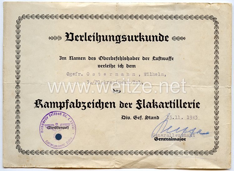 Luftwaffe - Urkundentrio für einen späteren Obergefreiten der 3./Flakregiment 701 (mot) Bild 2