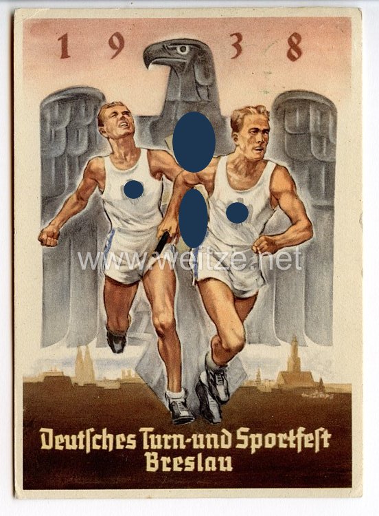 III. Reich - farbige Propaganda-Postkarte - " Deutsches Turn- und Sportfest Breslau 1938 "