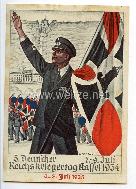 III. Reich - farbige Propaganda-Postkarte - " 5. Deutscher Reichskriegertag Kassel 7.-9. Juli 1935 / 6.-8. Juli 1935 "