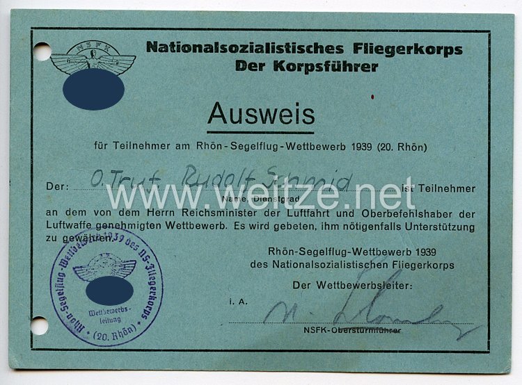 NSFK - Ausweis für Teilnehmer am Rhön-Segelflug-Wettbewerb 1939 ( 20. Rhön )