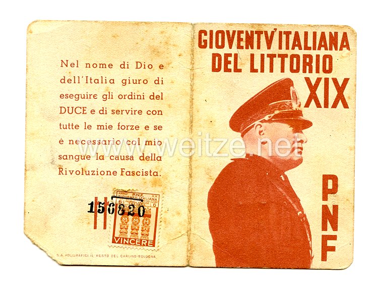 III. Reich - Italien - Partito Nazionale Fascista ( PNF ) - Mitgliedsausweis für einen Jungen des Jahrgangs 1928