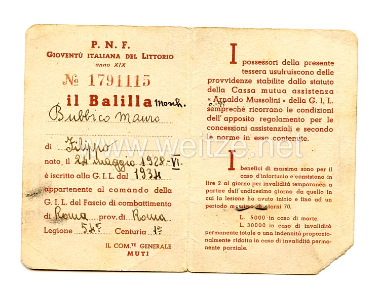 III. Reich - Italien - Partito Nazionale Fascista ( PNF ) - Mitgliedsausweis für einen Jungen des Jahrgangs 1928 Bild 2