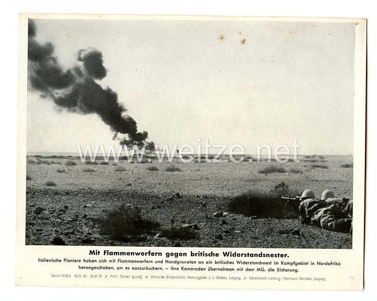 Wehrmacht - gedrucktes Pressefoto " Mit Flammenwerfern gegen britische Widerstandsnester " 18.6.42