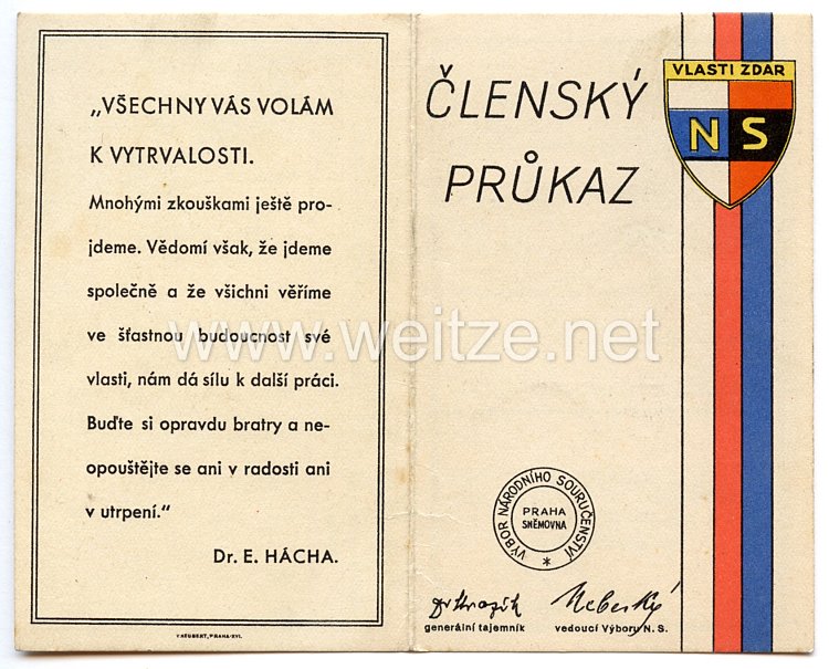 III. Reich - Tschecheslowakei - Narodni Sourucenstvi ( NS ) - Mitgliedsausweis für einen Mann des Jahrgangs 1875