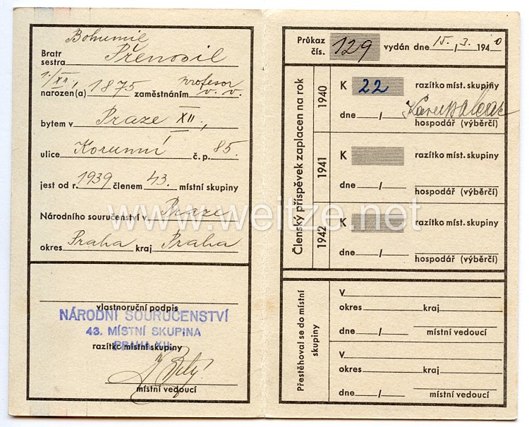 III. Reich - Tschecheslowakei - Narodni Sourucenstvi ( NS ) - Mitgliedsausweis für einen Mann des Jahrgangs 1875 Bild 2
