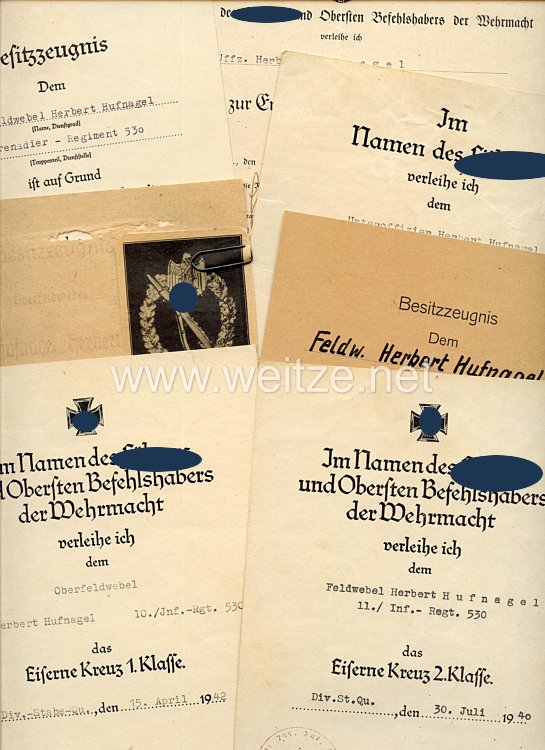 Wehrmacht Heer - Urkundengruppe für einen späteren Oberfeldwebel der 10./Gren.-Rgt.530