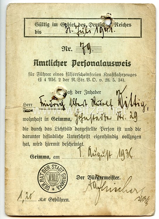 III. Reich - Amtlicher Personalausweis für Führer eines führerscheinfreien Kraftfahrzeuges