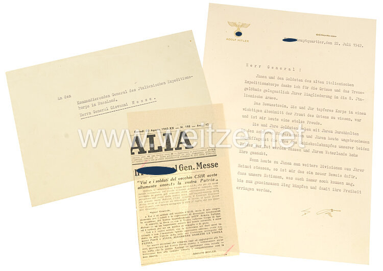 III. Reich Offizielles Anerkennungsschreiben von Adolf Hitler an den Kommandierenden General des Italienischen Expeditionskorps in Russland, General Giovanni Messe