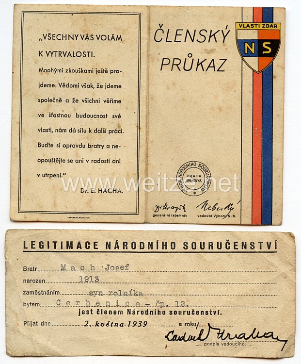 III. Reich - Tschecheslowakei - Narodni Sourucenstvi ( NS ) - Mitgliedsausweis für einen Jungen des Jahrgangs 1913