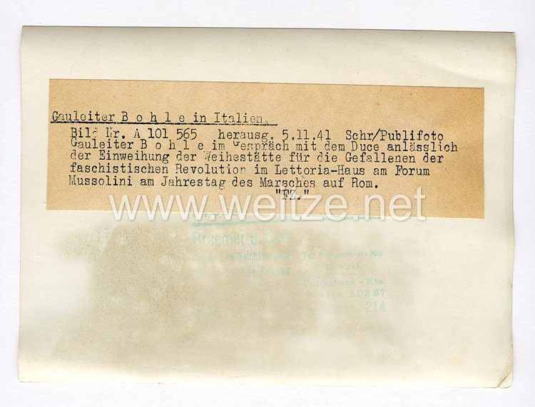 III. Reich Pressefoto. Gauleiter Bohle in Italien. 5.11.1941. Bild 2